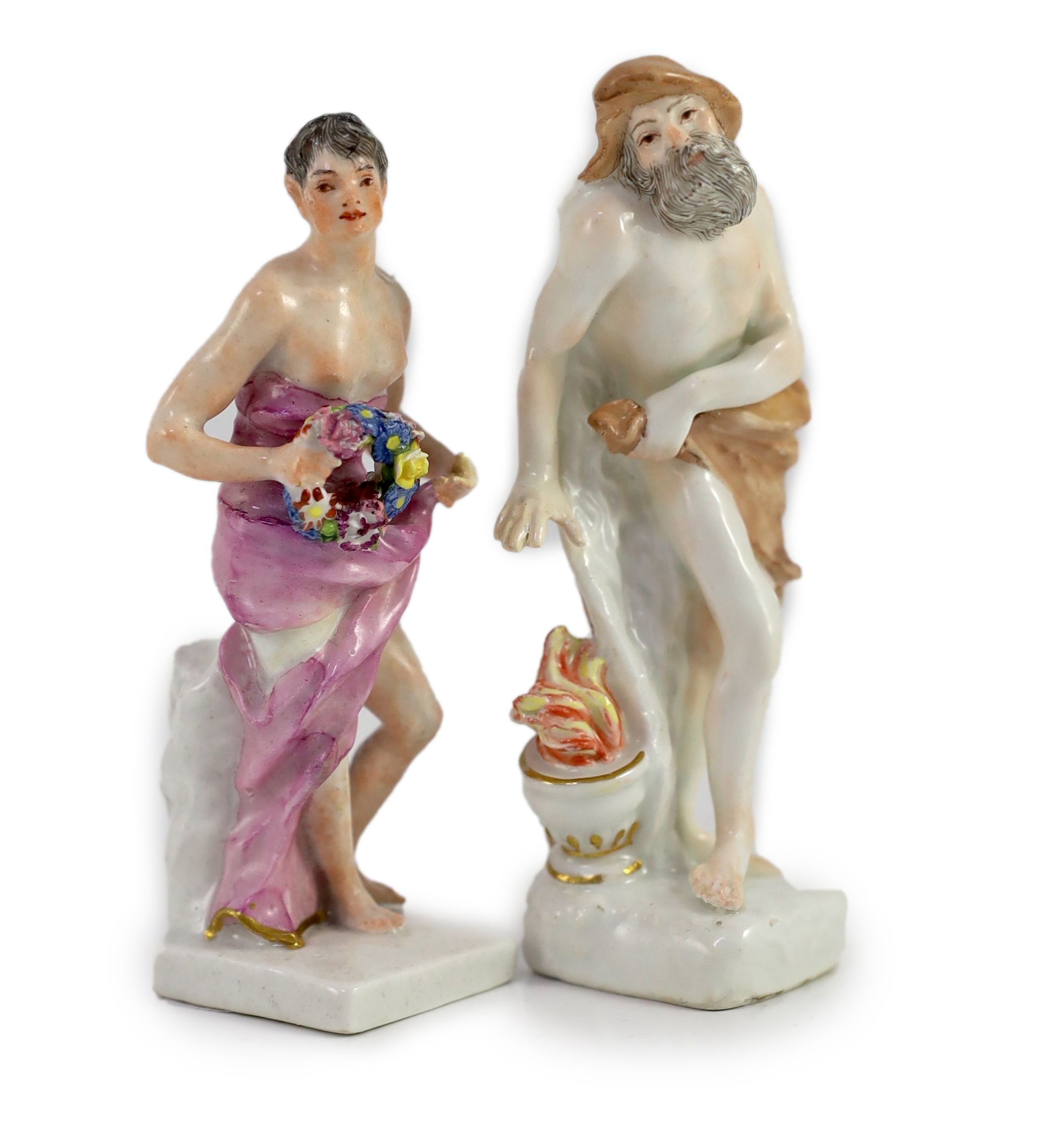 Two Meissen figures of Winter and a man holding a garland of flowers, mid 18th century, 11.5cm & 11cm. high